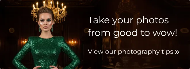 A high-fashion model in a green sequined dress, contrasted against a golden chandelier and dark background